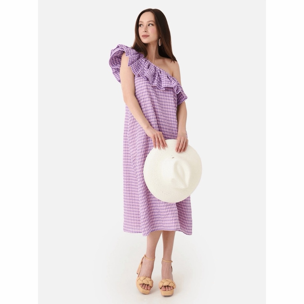 Never A Wallflower One Shoulder Ruffle Gingham Cotton Midi Dress Size Small